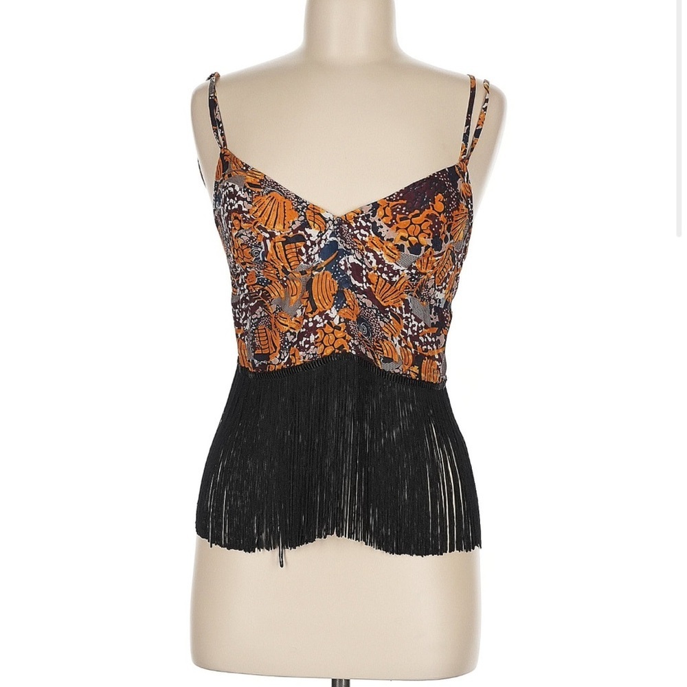 Topshop Women's Floral Fringe Top - Black And Orange Size 8